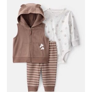 NWT Baby 3-Piece Dog Little Vest Set - White/Brown gender Neutral Size 9 Months
